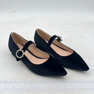 XYD Black Women's Velvet Pointed Toe Low Heel Flats with Rhinestone Buckle